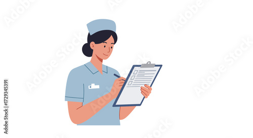Caring nurse diligently records patient information on clipboard, ensuring meticulous healthcare documentation for optimal patient outcomes and efficient medical practice.