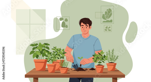 Cheerful Gardener Planting Herbes And Plants in Pots At Home. Hobby And Relaxation