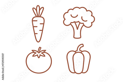 Collection of simple outline icons featuring fresh healthy vegetables like carrot broccoli tomato and bell pepper
