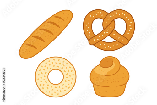 Delicious assortment of freshly baked bread, pretzel, bagel, and muffin for breakfast or snack time
