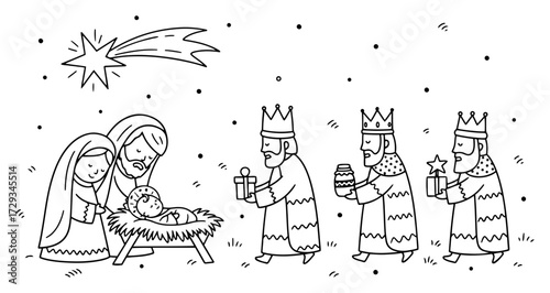 Nativity Scene With Three Wise Men Line Art Vector