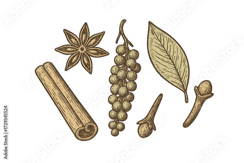 Collection of aromatic culinary spices including star anise, cinnamon, peppercorns, bay leaf, and cloves