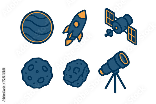 Space exploration and astronomy elements including planets, rockets, satellites, asteroids, and a telescope