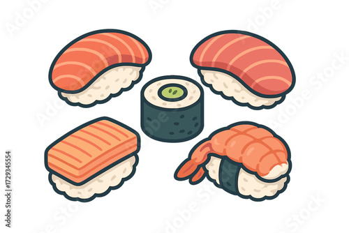 Fresh Japanese sushi assortment with salmon, tuna, shrimp, and cucumber maki rolls on a white background