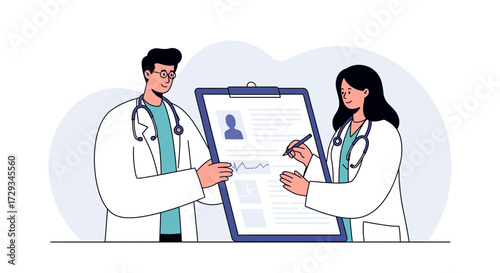 Professional doctors collaborating on patient chart, discussing medical history and treatment plans in a modern clinic setting