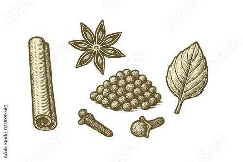 Aromatic cooking spices and herbs: cinnamon stick, star anise, black peppercorns, cloves, and bay leaf