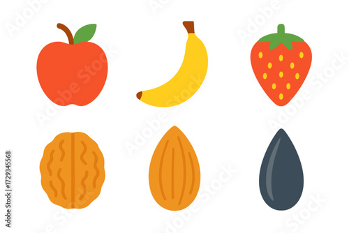 Colorful collection of healthy fresh fruits and nutritious nuts and seeds, a vibrant assortment in modern flat design