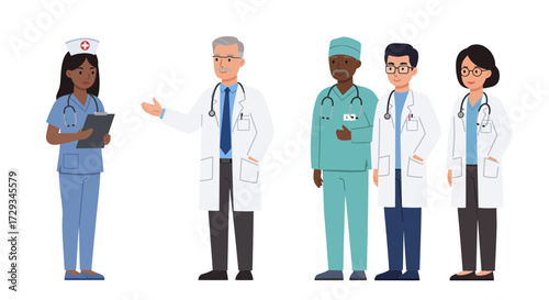 Diverse team of medical professionals including doctors and nurses collaborating for patient care and healthcare innovation