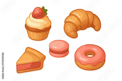 Assortment of delicious baked goods and sweet desserts including a cupcake, croissant, macaron, pie, and donut