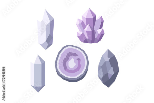 Assortment of geometric crystals including quartz and amethyst, alongside a cross-section of a geode in a low poly style