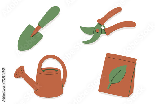 Gardening essentials set featuring a hand trowel pruning shears watering can and seed packet for spring planting