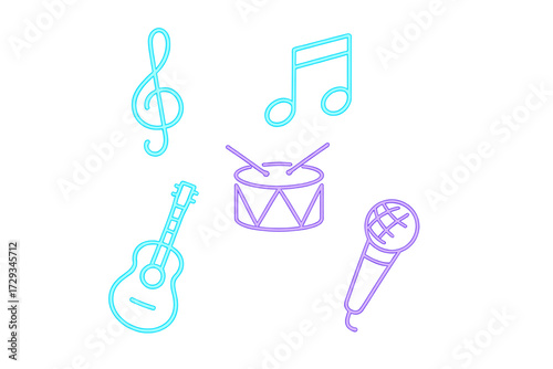Collection of glowing neon outline musical instruments and symbols for music, sound, and entertainment concepts