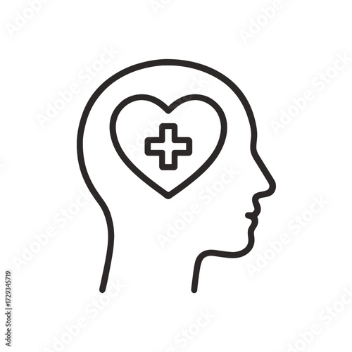 Human head silhouette with heart and medical cross icon