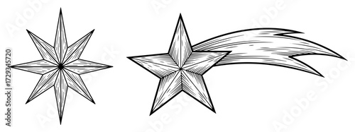 Vintage Engraved Shooting Star and Nautical Star Vector