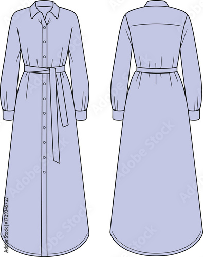 Elegant women’s long sleeve shirt dress fashion flat sketch, belted maxi dress cad drawing, vector illustration, apparel design template style