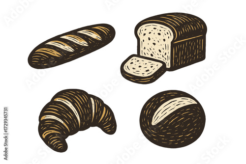 Collection of various freshly baked bread and pastry items including baguette, loaf, and croissant in a rustic hand-drawn style