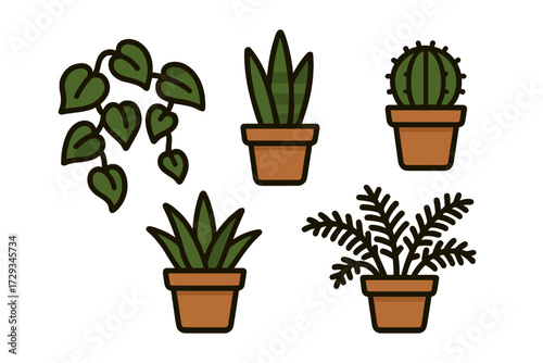 Stylized collection of diverse potted houseplants with trailing vine, cactus, and succulents for modern interior design