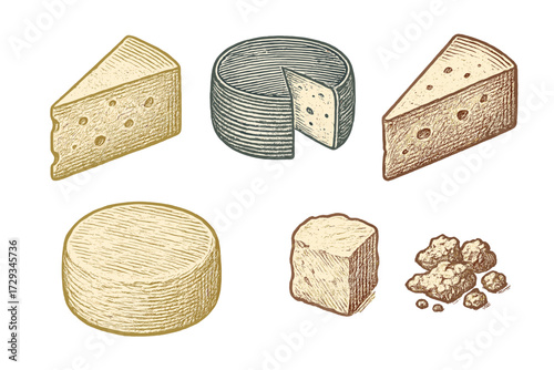 Artisanal cheese collection with different shapes and textures, including aged, soft, and hard varieties, presented in a classic woodcut style
