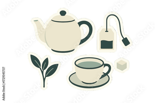 Stylized collection of tea time essentials including teapot, teacup, tea bag, and sugar cube for a relaxing break