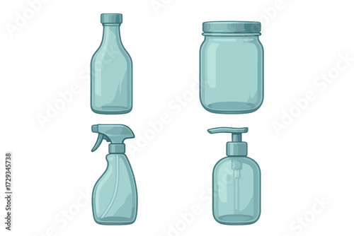 Empty transparent glass and plastic containers: bottles, jars, and spray dispensers for liquid products