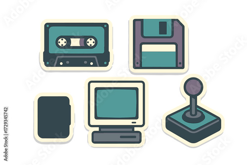 Collection of vintage computer and audio technology icons representing retro digital media and gaming devices