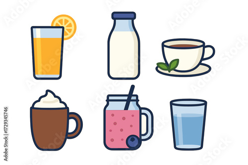 Collection of popular drinks and refreshing beverages including juice, milk, coffee, smoothie, and water
