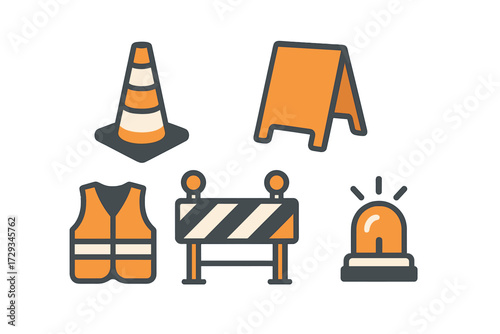 Construction site safety equipment and road work warning signs with traffic cone, protective vest, barrier, flashing light