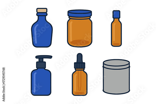 Diverse set of empty bottles, jars, and containers for cosmetic, pharmaceutical, and food products packaging