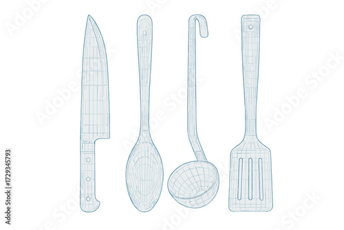 Assortment of kitchen cooking utensils including a sharp chef's knife, serving spoon, soup ladle, and slotted spatula