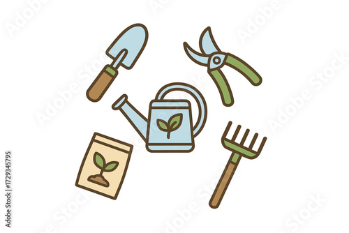 Essential gardening tools for planting and cultivation including watering can, trowel, hand rake, seed packet, and pruning shears