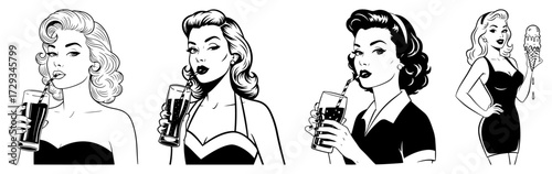 Retro Pin Up Women Drinking Soda Vector Set