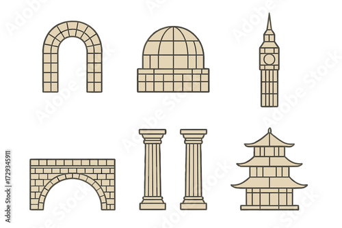 Collection of diverse architectural elements, including classical arches, ornate columns, majestic domes, and historical building structures