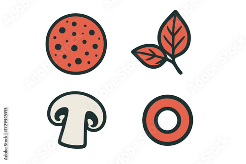 Variety of common food ingredients including pepperoni, mushroom, basil leaves, and onion slices