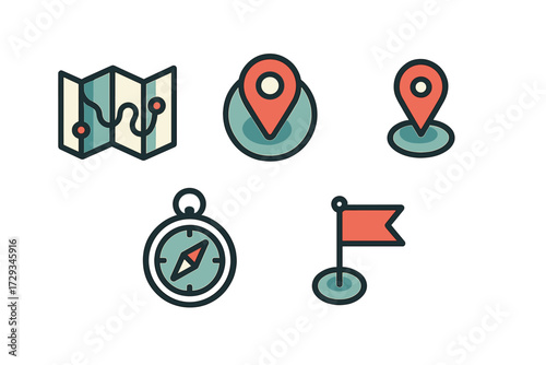 A comprehensive set of travel and exploration themed icons, including a detailed folded map, a classic compass, and various location pins, designed for navigation and discovery applications