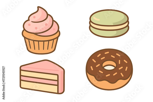 Colorful collection of delicious sweet bakery desserts including a frosted cupcake green macaron cake slice and chocolate donut