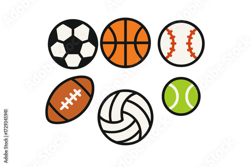 Collection of popular sports balls including soccer basketball baseball football volleyball and tennis