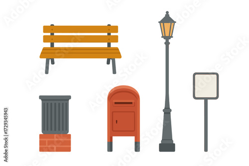 Collection of essential urban street furniture elements including a park bench, classic lamppost, mailbox, trash can, and blank sign