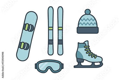 Collection of winter sports equipment and accessories featuring snowboard skis ice skate goggles and a warm hat