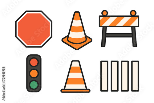 Road safety and construction zone elements including stop sign, traffic cones, barrier, and signal light