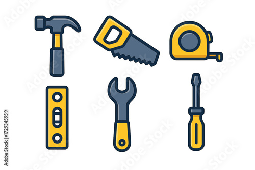Essential hand tools set: hammer, saw, tape measure, level, wrench, and screwdriver for home repair