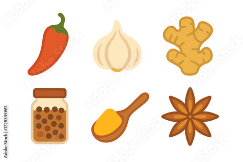 Assortment of cooking spices and ingredients including chili, garlic, ginger, peppercorns, turmeric, and star anise