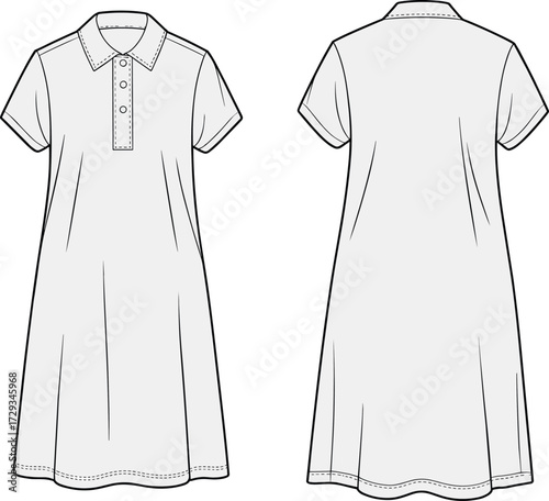 Casual women’s short sleeve elastic waist dress flat fashion sketch, cad drawing vector illustration, apparel design template, stylish clothing outline design