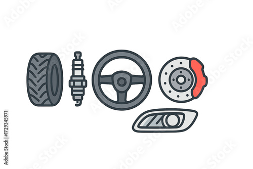 Automotive spare parts collection including tire, spark plug, steering wheel, brake disc, and headlight