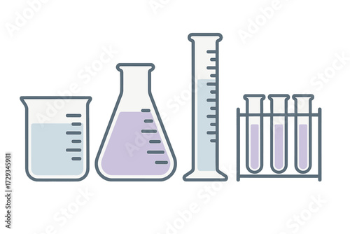Scientific laboratory glassware set with beaker Erlenmeyer flask graduated cylinder and test tubes for chemical experiments research