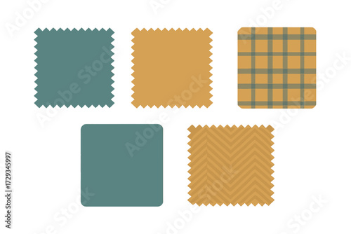 Variety of textile swatches showcasing solid teal and mustard yellow colors with plaid and herringbone patterns
