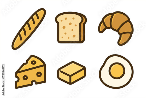 Assortment of breakfast staples and dairy products: baguette, toast, croissant, cheese, butter, and fried egg