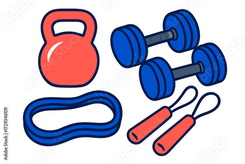Colorful fitness equipment set with kettlebell, dumbbells, resistance band, and jump ropes for active lifestyle