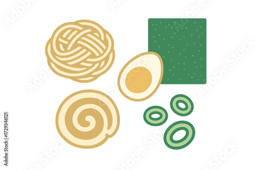 Traditional Japanese ramen noodle soup ingredients including egg, narutomaki, seaweed, and fresh green onion slices