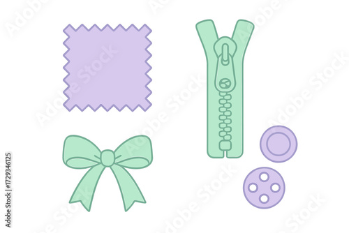 Pastel colored collection of essential sewing and tailoring accessories including fabric swatch, zipper, decorative bow, and buttons