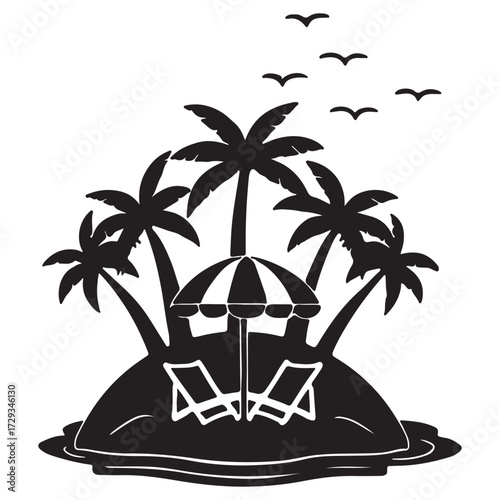 Tropical Island Getaway with Palm Trees and Beach Umbrella